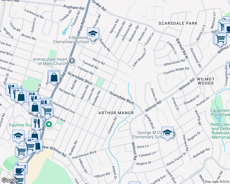 map of restaurants, bars, coffee shops, grocery stores, and more near 184 Johnson Road in Scarsdale