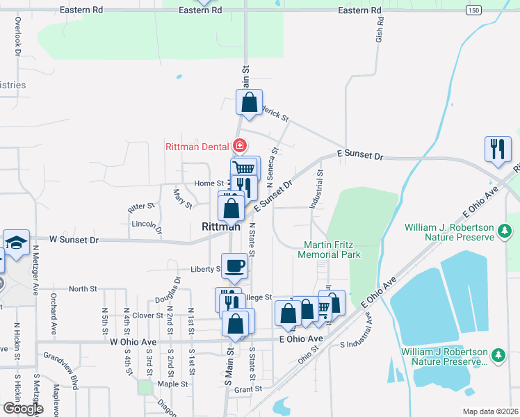 map of restaurants, bars, coffee shops, grocery stores, and more near 214 North State Street in Rittman