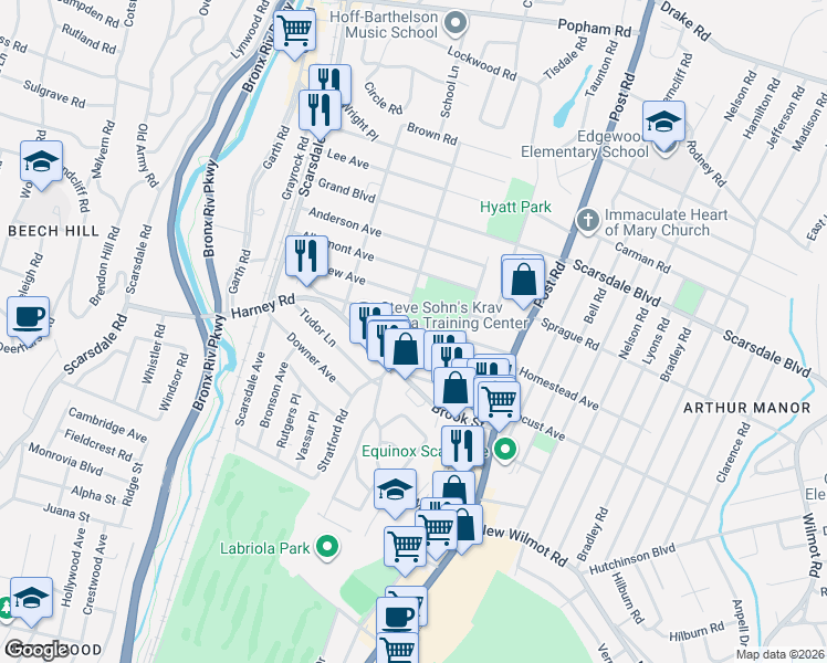 map of restaurants, bars, coffee shops, grocery stores, and more near 121C Montgomery Avenue in Scarsdale