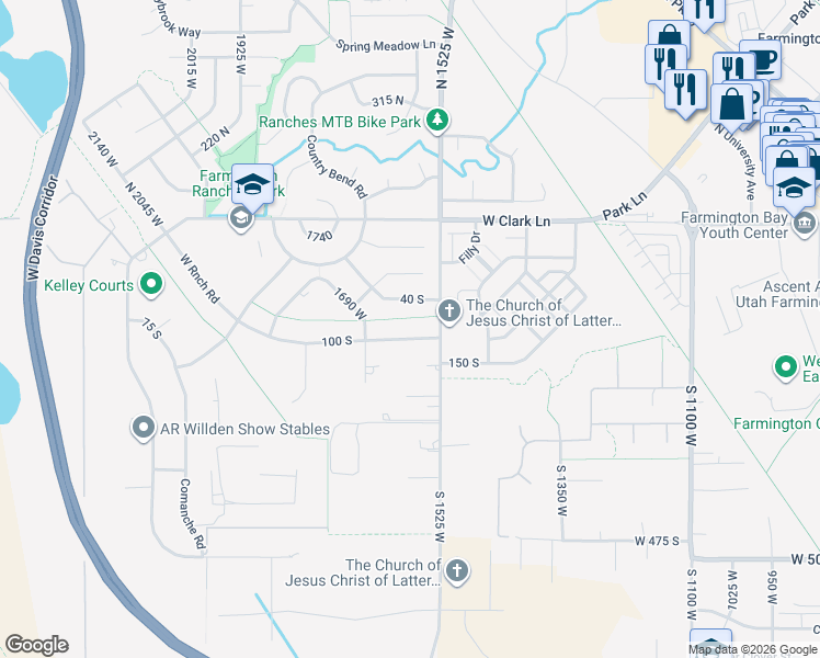 map of restaurants, bars, coffee shops, grocery stores, and more near 1612 West Ranch Road in Farmington