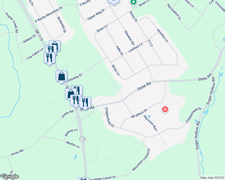 map of restaurants, bars, coffee shops, grocery stores, and more near 147 Tilly Lane in Effort