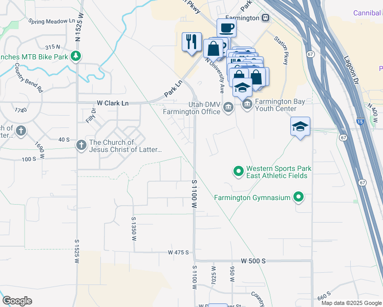 map of restaurants, bars, coffee shops, grocery stores, and more near 100 South 1100 West in Farmington