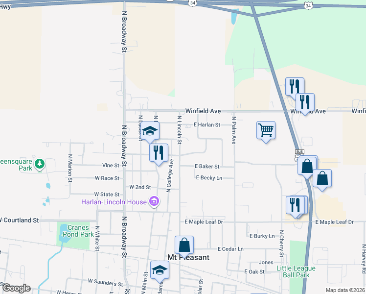 map of restaurants, bars, coffee shops, grocery stores, and more near 1002 North Lincoln Street in Mount Pleasant