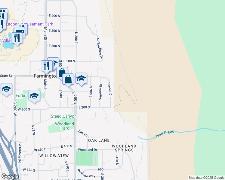 map of restaurants, bars, coffee shops, grocery stores, and more near 123 Sunset Drive in Farmington