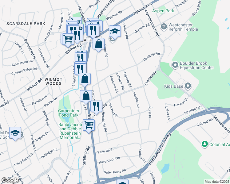 map of restaurants, bars, coffee shops, grocery stores, and more near 27 Crossway in Scarsdale