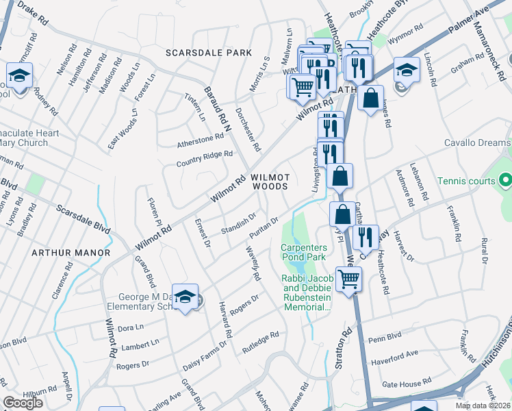 map of restaurants, bars, coffee shops, grocery stores, and more near 25 Standish Drive in Scarsdale