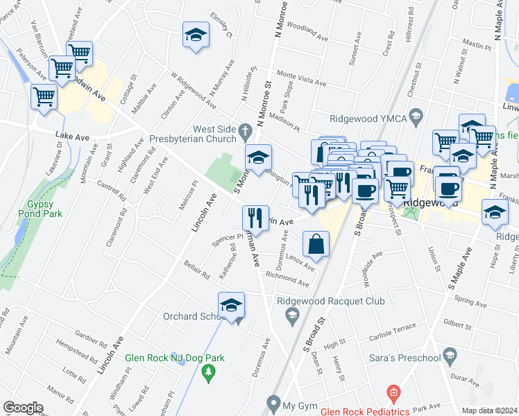 map of restaurants, bars, coffee shops, grocery stores, and more near 194 Godwin Avenue in Ridgewood