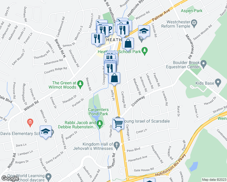 map of restaurants, bars, coffee shops, grocery stores, and more near 1425 Weaver Street in Scarsdale