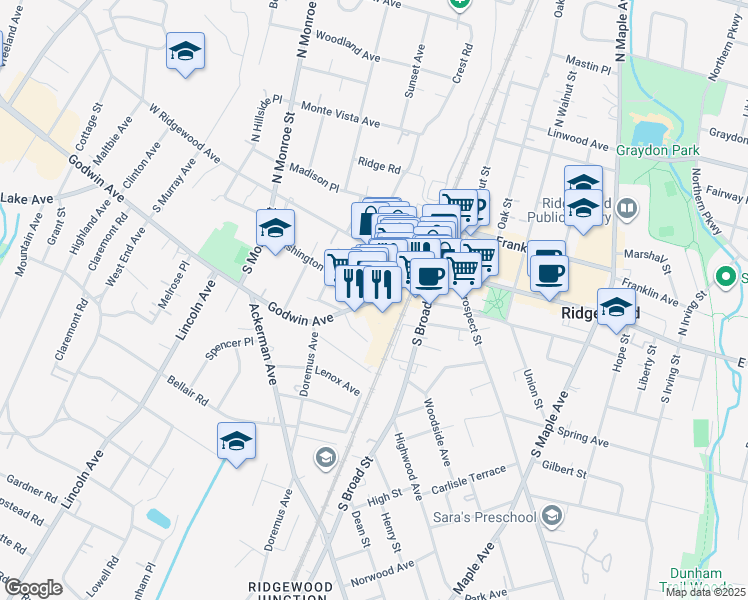 map of restaurants, bars, coffee shops, grocery stores, and more near 33 Godwin Avenue in Ridgewood