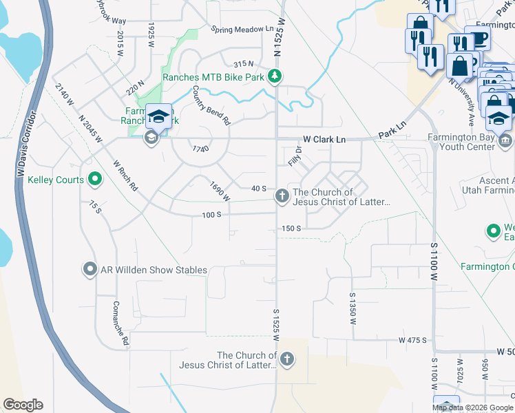 map of restaurants, bars, coffee shops, grocery stores, and more near 1612 West Ranch Road in Farmington