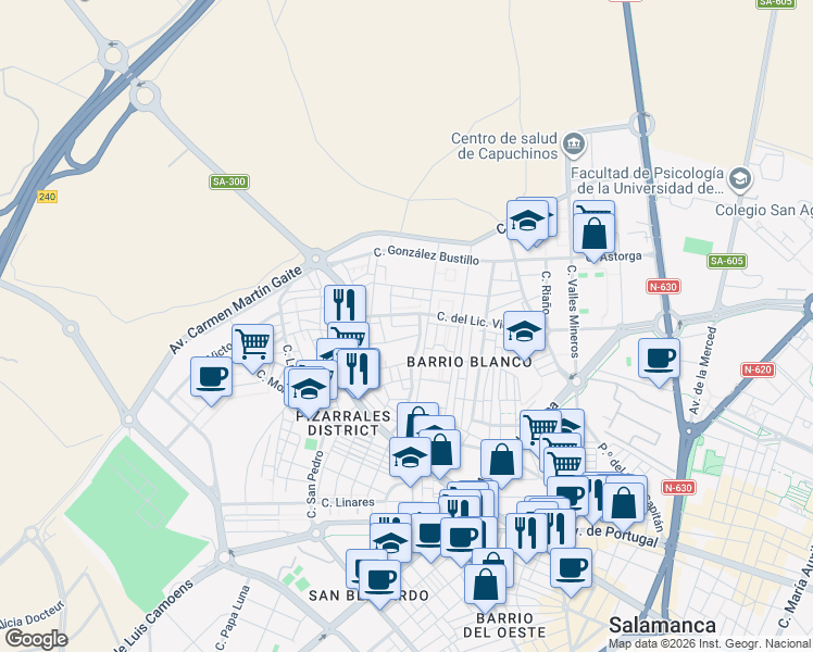 map of restaurants, bars, coffee shops, grocery stores, and more near Calle Antonio García Boiza in Salamanca