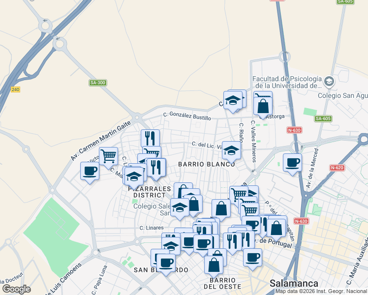map of restaurants, bars, coffee shops, grocery stores, and more near Calle Antonio García Boiza in Salamanca