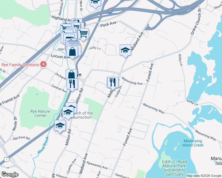 map of restaurants, bars, coffee shops, grocery stores, and more near 377 Midland Avenue in Rye