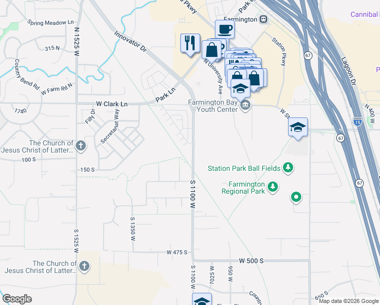 map of restaurants, bars, coffee shops, grocery stores, and more near 92 South 1100 West in Farmington
