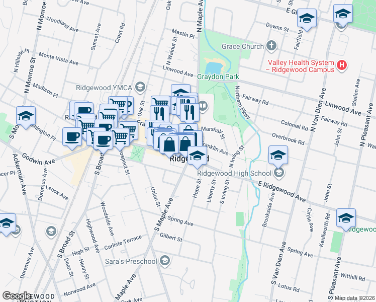 map of restaurants, bars, coffee shops, grocery stores, and more near 257 East Ridgewood Avenue in Ridgewood