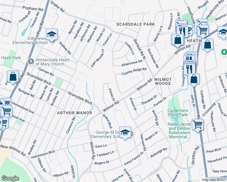 map of restaurants, bars, coffee shops, grocery stores, and more near 10 Floren Place in Scarsdale