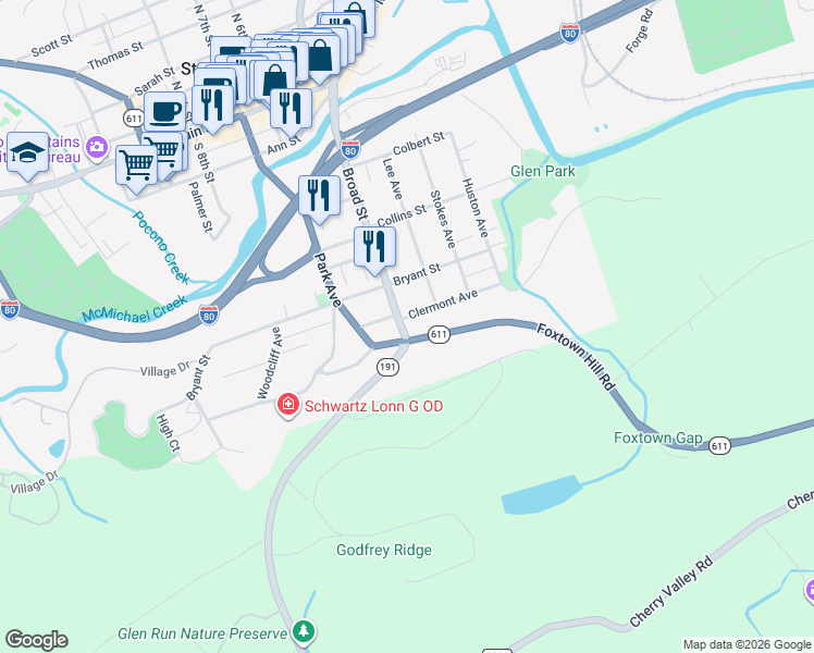 map of restaurants, bars, coffee shops, grocery stores, and more near 198 Broad Street in Stroudsburg
