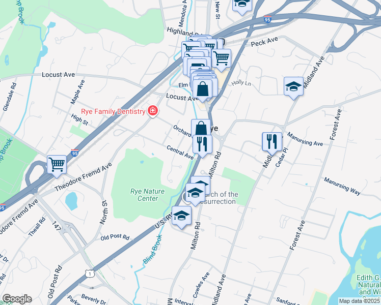 map of restaurants, bars, coffee shops, grocery stores, and more near 5 Barbara Court in Rye