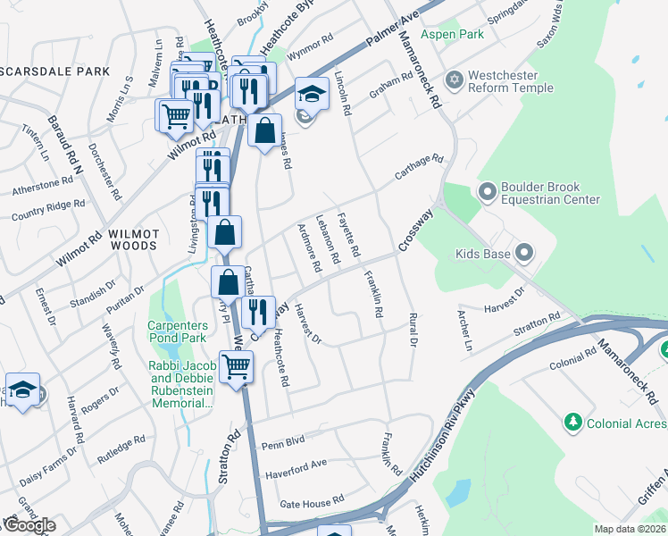 map of restaurants, bars, coffee shops, grocery stores, and more near 27 Crossway in Scarsdale