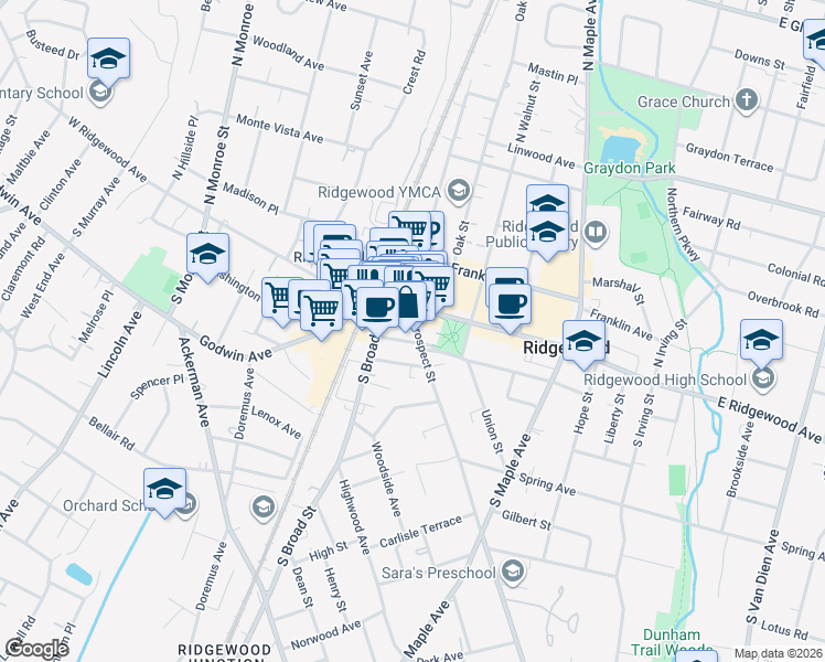 map of restaurants, bars, coffee shops, grocery stores, and more near 1 Passaic Street in Ridgewood