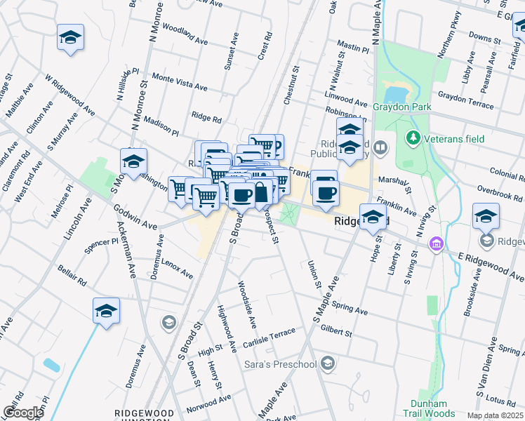 map of restaurants, bars, coffee shops, grocery stores, and more near 1 Passaic Street in Ridgewood