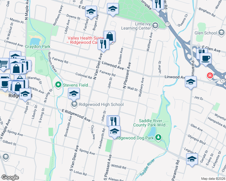 map of restaurants, bars, coffee shops, grocery stores, and more near 573 Wyndemere Avenue in Ridgewood