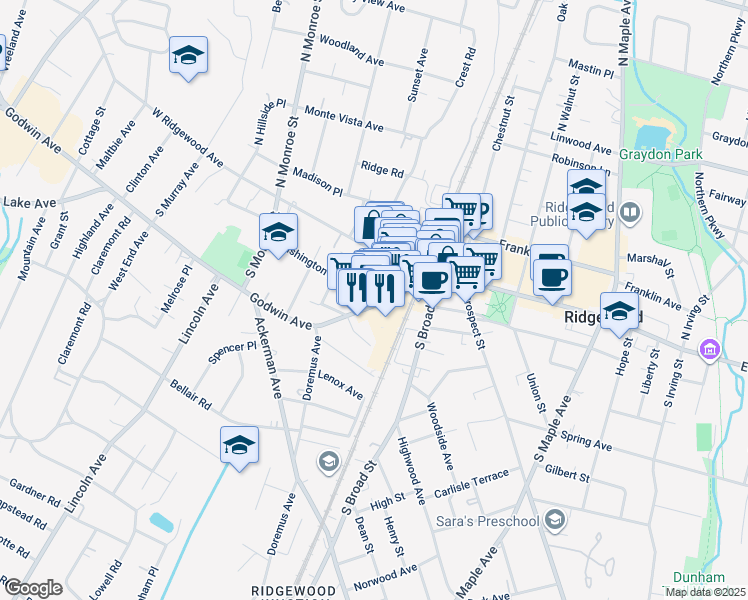 map of restaurants, bars, coffee shops, grocery stores, and more near 44 Godwin Avenue in Ridgewood