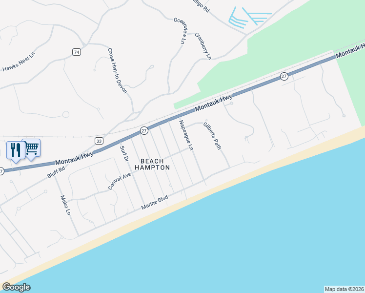 map of restaurants, bars, coffee shops, grocery stores, and more near 31 Hampton Lane in Amagansett