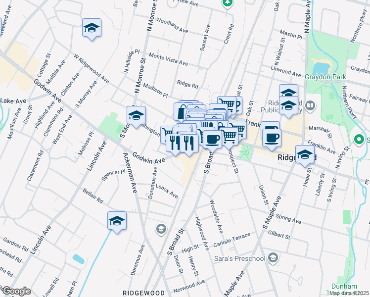 map of restaurants, bars, coffee shops, grocery stores, and more near 33 Godwin Avenue in Ridgewood