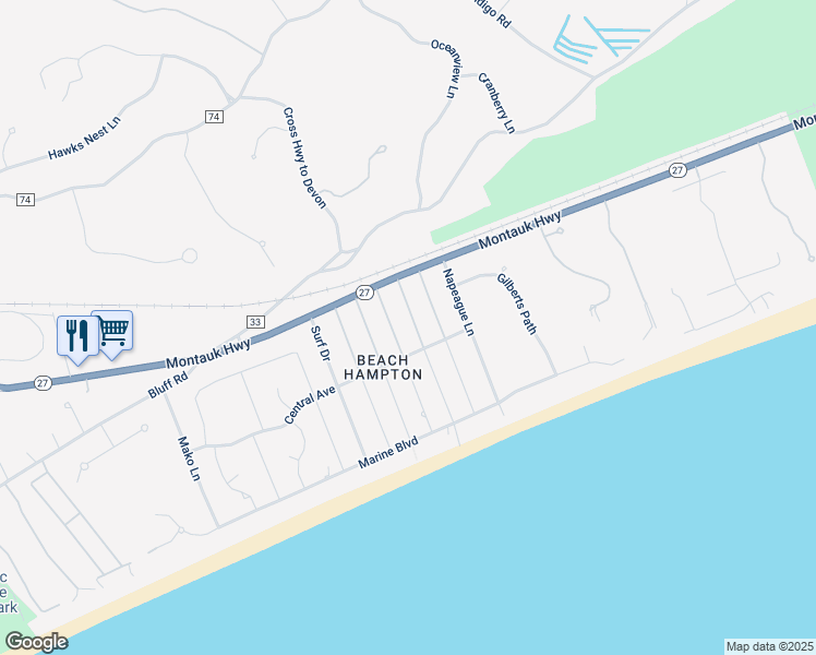 map of restaurants, bars, coffee shops, grocery stores, and more near 25 Central Avenue in Montauk