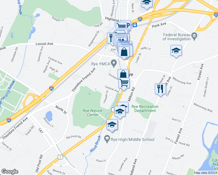 map of restaurants, bars, coffee shops, grocery stores, and more near 5 Barbara Court in Rye