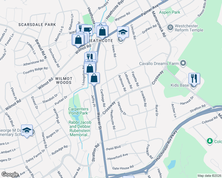 map of restaurants, bars, coffee shops, grocery stores, and more near 4 McDonald Place in Scarsdale