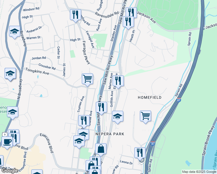 map of restaurants, bars, coffee shops, grocery stores, and more near 62 Railroad Avenue in Yonkers