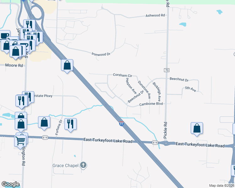 map of restaurants, bars, coffee shops, grocery stores, and more near 1266 Muchney Circle in Akron