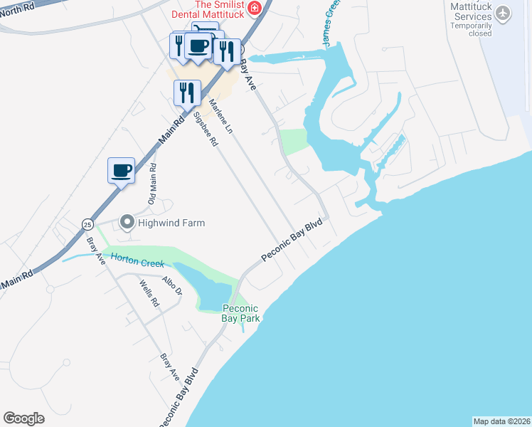map of restaurants, bars, coffee shops, grocery stores, and more near 2130 Sigsbee Road in Mattituck