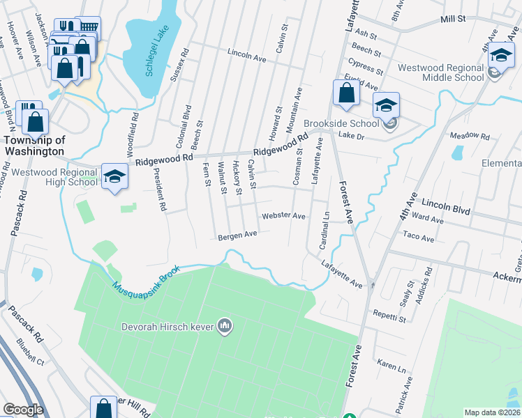 map of restaurants, bars, coffee shops, grocery stores, and more near 105 Calvin Street in Township of Washington