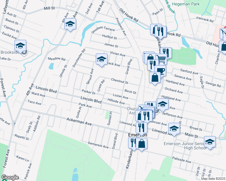 map of restaurants, bars, coffee shops, grocery stores, and more near 125 Lozier Avenue in Emerson