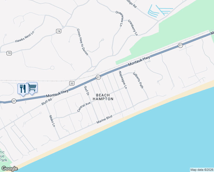 map of restaurants, bars, coffee shops, grocery stores, and more near 25 Central Avenue in Montauk