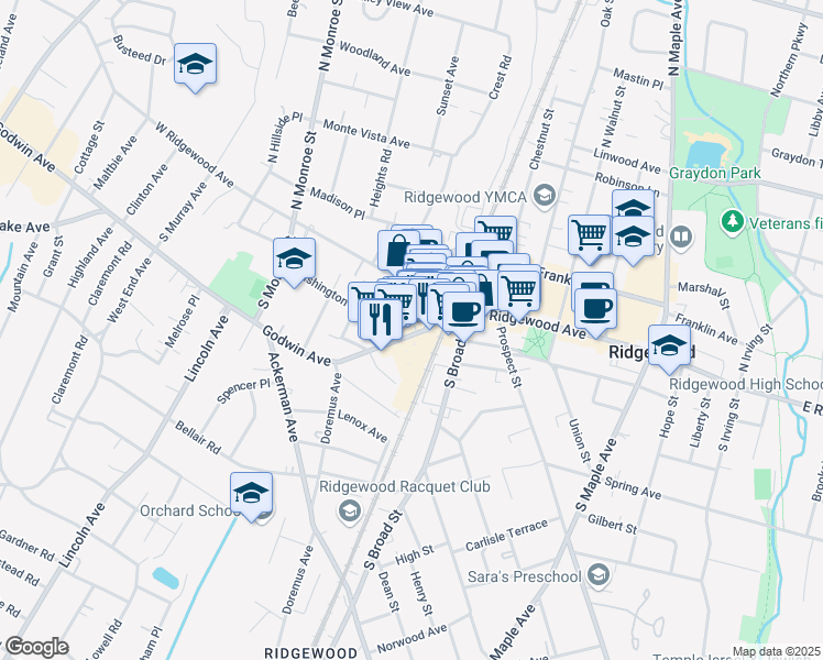 map of restaurants, bars, coffee shops, grocery stores, and more near 44 Godwin Avenue in Ridgewood