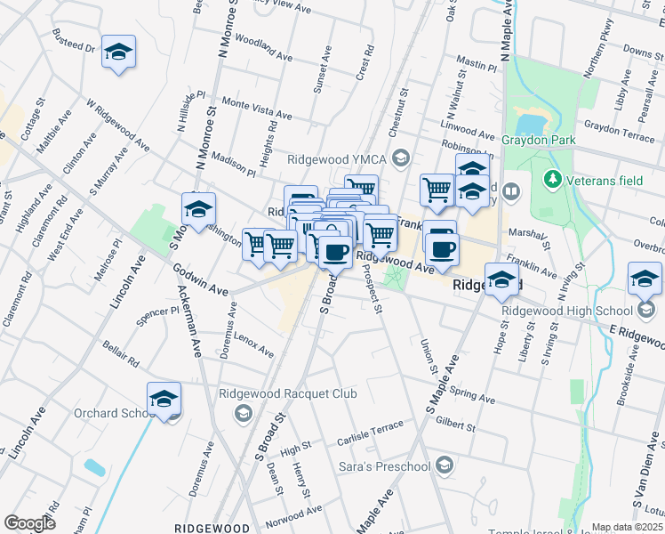 map of restaurants, bars, coffee shops, grocery stores, and more near 18 South Broad Street in Ridgewood