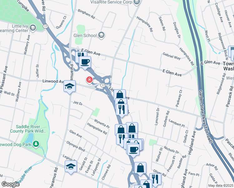 map of restaurants, bars, coffee shops, grocery stores, and more near Linwood Avenue in Paramus