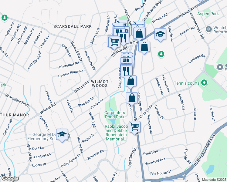 map of restaurants, bars, coffee shops, grocery stores, and more near 35 Alden Court in Scarsdale