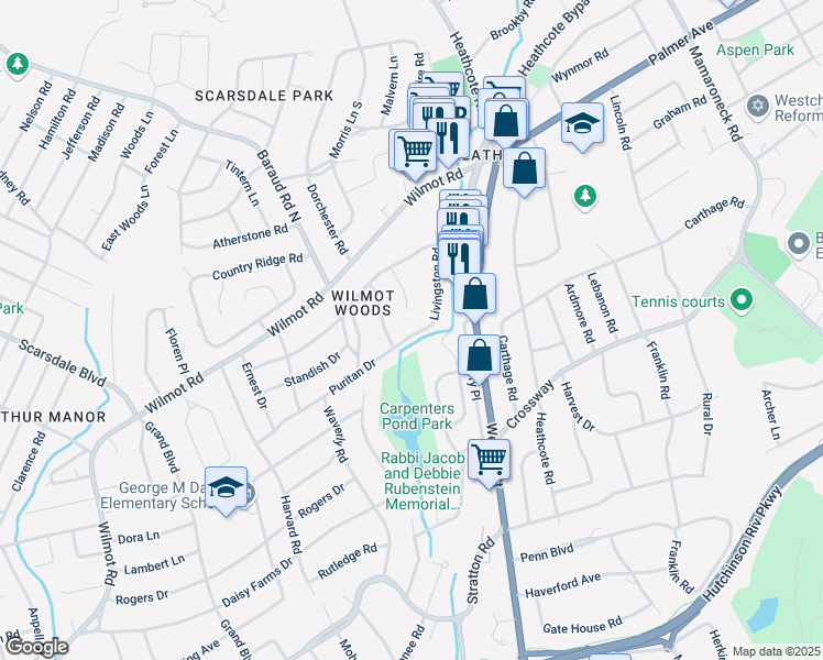 map of restaurants, bars, coffee shops, grocery stores, and more near 35 Alden Court in Scarsdale