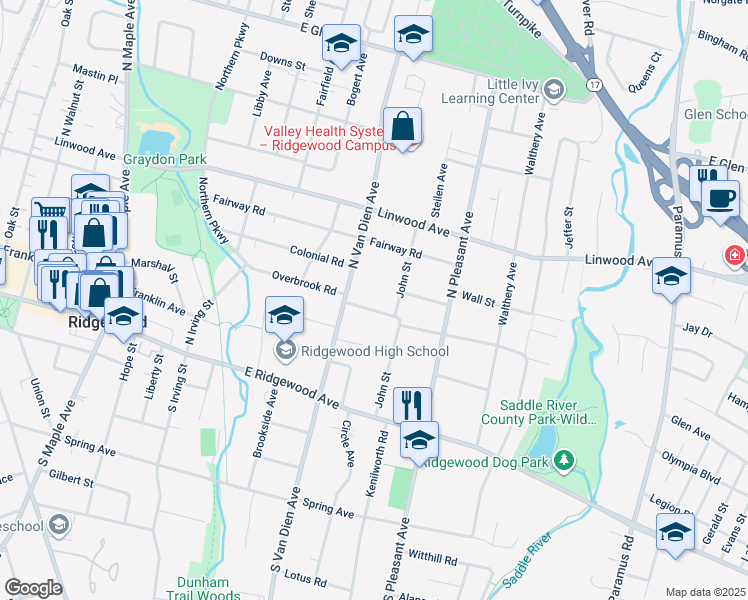 map of restaurants, bars, coffee shops, grocery stores, and more near 130 John Street in Ridgewood