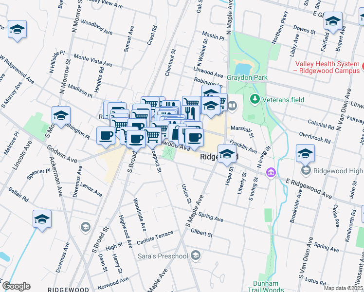 map of restaurants, bars, coffee shops, grocery stores, and more near 127 East Ridgewood Avenue in Ridgewood