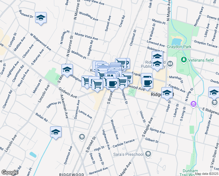 map of restaurants, bars, coffee shops, grocery stores, and more near 18 South Broad Street in Ridgewood