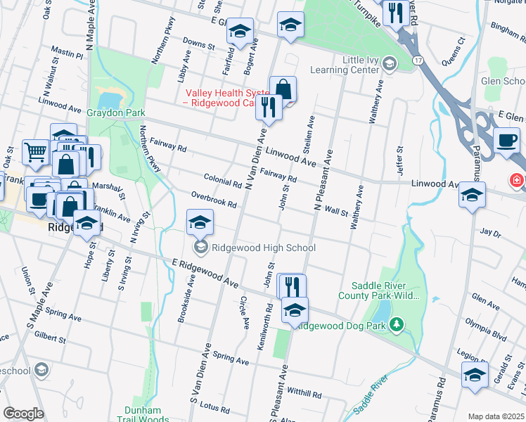 map of restaurants, bars, coffee shops, grocery stores, and more near 130 John Street in Ridgewood