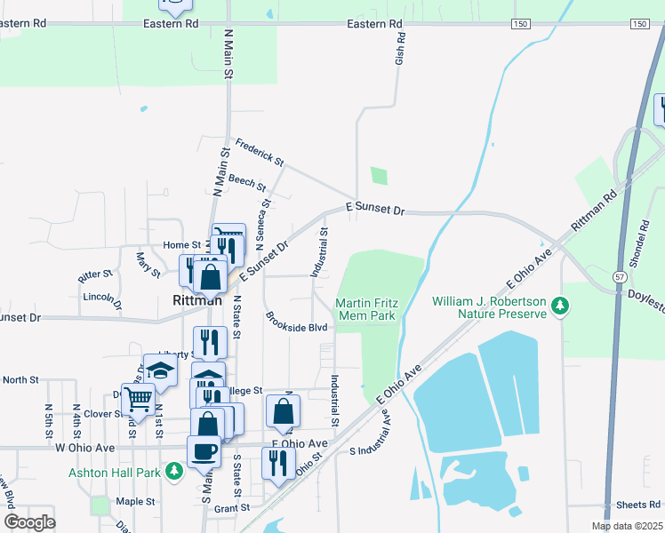 map of restaurants, bars, coffee shops, grocery stores, and more near 266 Industrial Street in Rittman