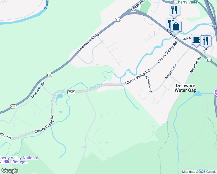 map of restaurants, bars, coffee shops, grocery stores, and more near 7594 Cherry Valley Road in Stroudsburg