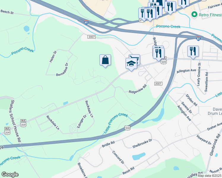 map of restaurants, bars, coffee shops, grocery stores, and more near Westhill Drive in Stroudsburg